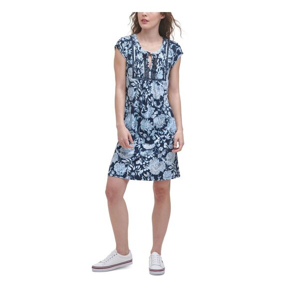 TOMMY HILFIGER Womens Tie Pintucked Ladder Trim Cap Sleeve Fit + Flare Dress - Picture 1 of 4